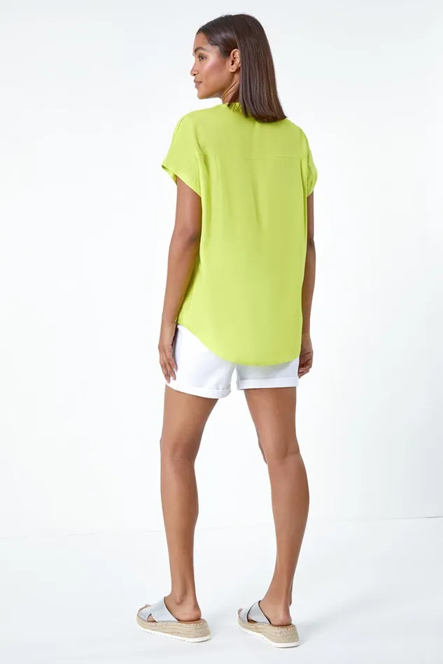 Women Lime Plain Button Through Relaxed VNeck Shirt Roman Tops
