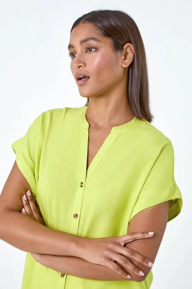 Women Lime Plain Button Through Relaxed VNeck Shirt Roman Tops