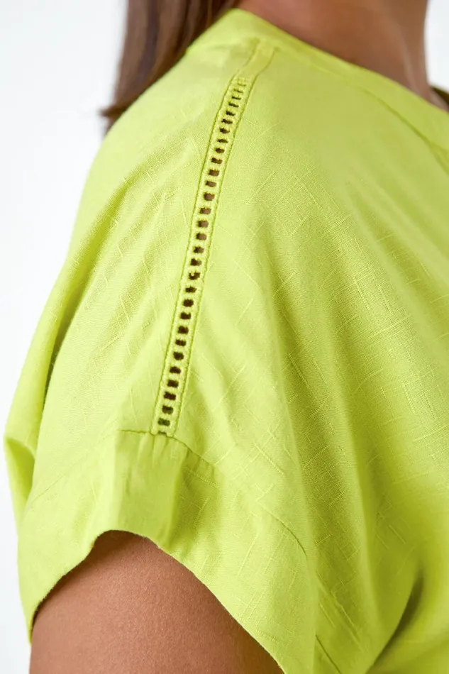 Women Lime Plain Button Through Relaxed VNeck Shirt Roman Tops