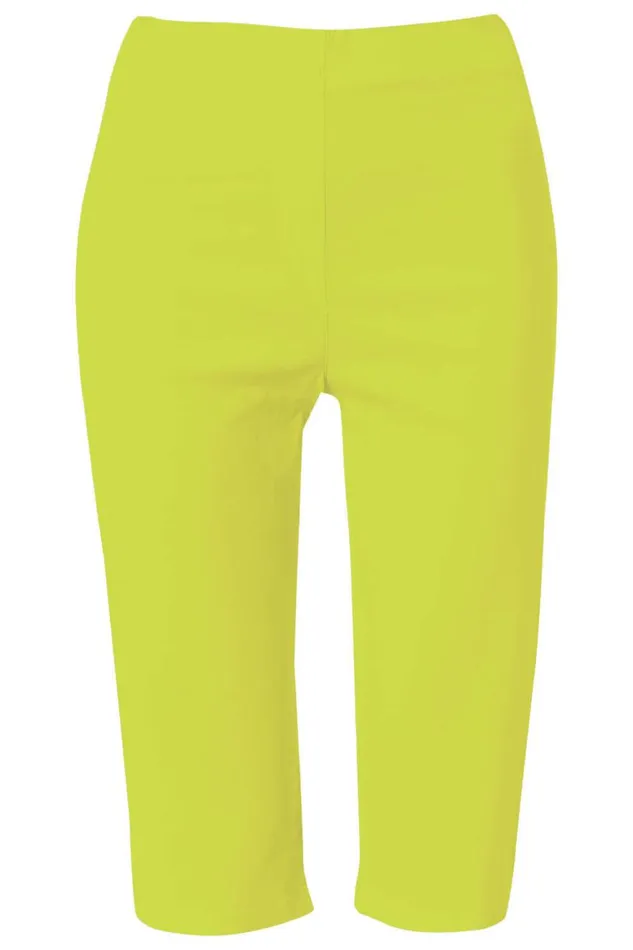 Women Lime Stretch Knee Length Elastic Waist Shorts Roman Trousers