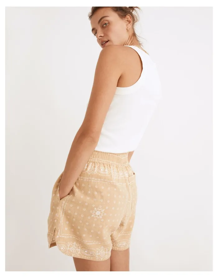 Women Linen Blend Long Pull On Shorts In Vintage Bandana Desert Dune Madewell Shorts Women Linen Blend Long Pull On Shorts In Vintage Bandana Desert Dune Madewell Shorts