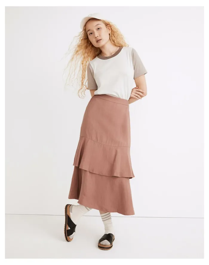 Women Linen Blend Ruffle Tiered Midi Skirt Faded Mauve Madewell Skirts