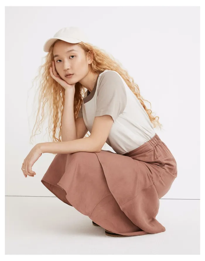 Women Linen Blend Ruffle Tiered Midi Skirt Faded Mauve Madewell Skirts Women Linen Blend Ruffle Tiered Midi Skirt Faded Mauve Madewell Skirts