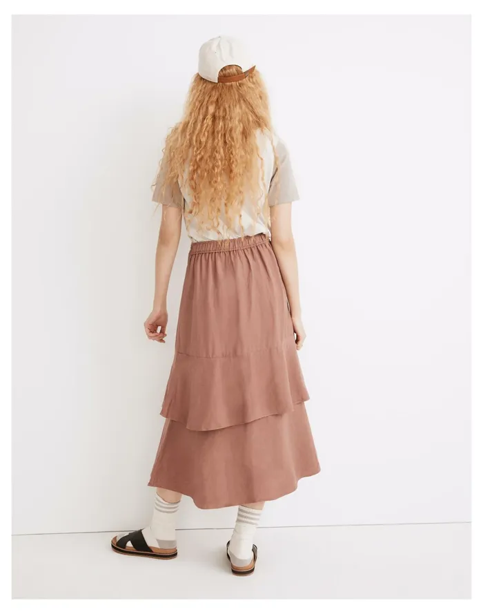 Women Linen Blend Ruffle Tiered Midi Skirt Faded Mauve Madewell Skirts Women Linen Blend Ruffle Tiered Midi Skirt Faded Mauve Madewell Skirts