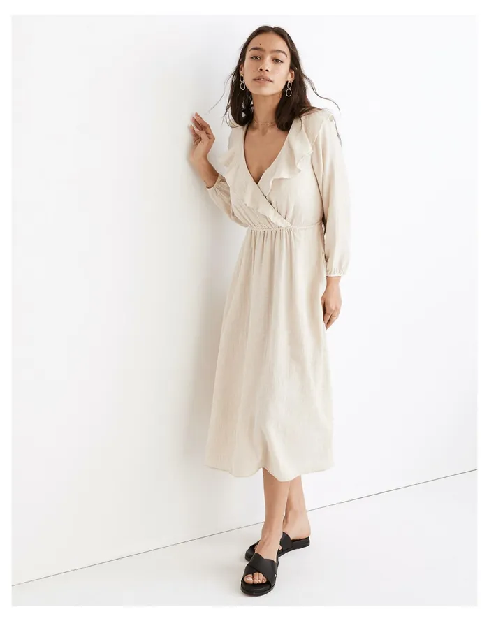 Women Linen Cotton Ruffle Neck Midi Dress Undyed Madewell Dresses