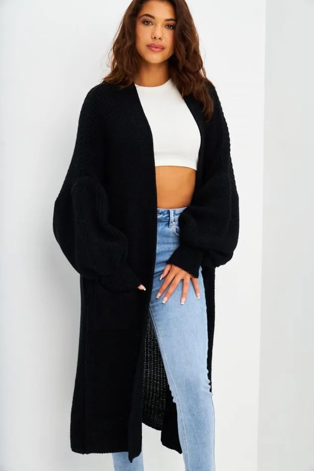 Women Long Open Knitted Cardigan In Black Black Brentiny Paris Cardigans