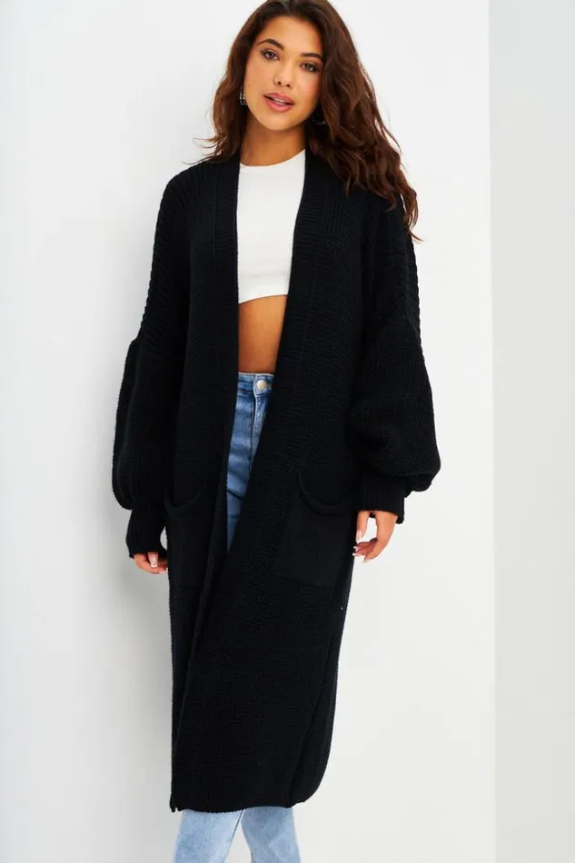 Women Long Open Knitted Cardigan In Black Black Brentiny Paris Cardigans