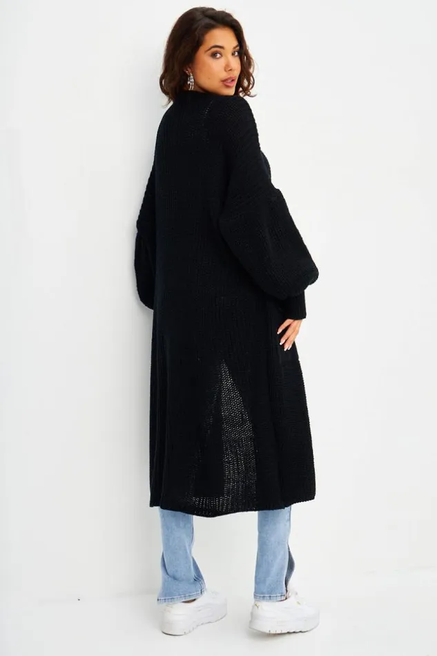 Women Long Open Knitted Cardigan In Black Black Brentiny Paris Cardigans