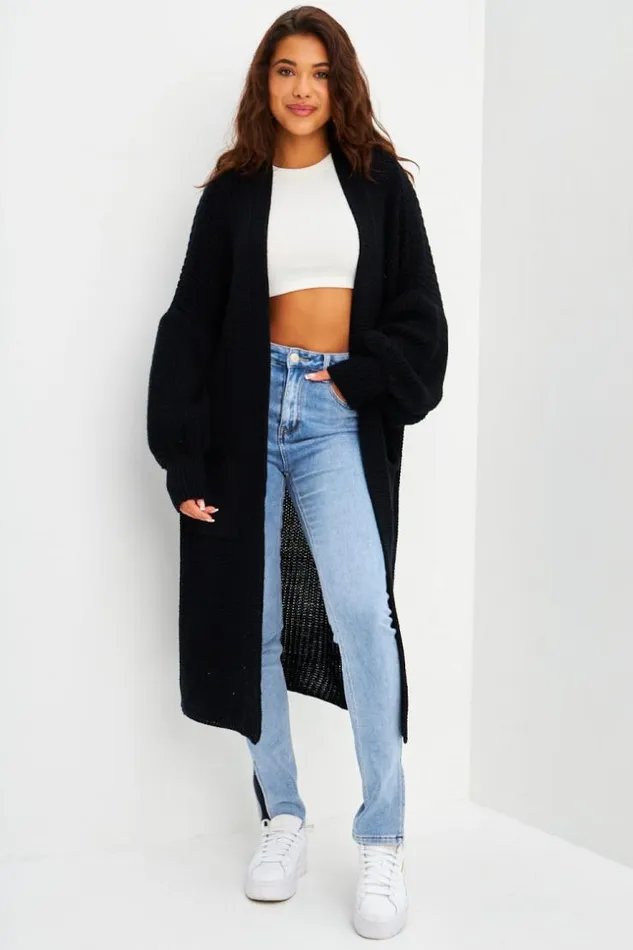 Women Long Open Knitted Cardigan In Black Black Brentiny Paris Cardigans