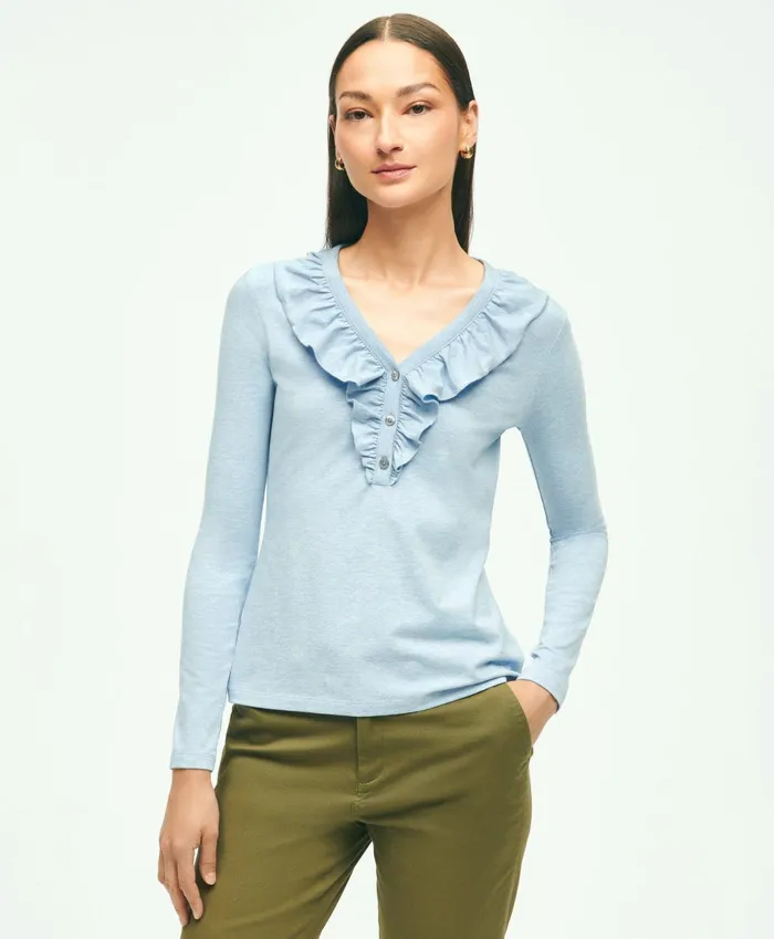 Women Long Sleeve Cotton Modal Ruffled Top Medium Blue Heather Brooks Brothers Blouses and Shirts