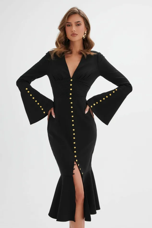Women LongSleeve Dresses Lavish Alice SALMA Fluted Sleeve Rose Button Midi Dress In Black Black Women LongSleeve Dresses Lavish Alice SALMA Fluted Sleeve Rose Button Midi Dress In Black Black