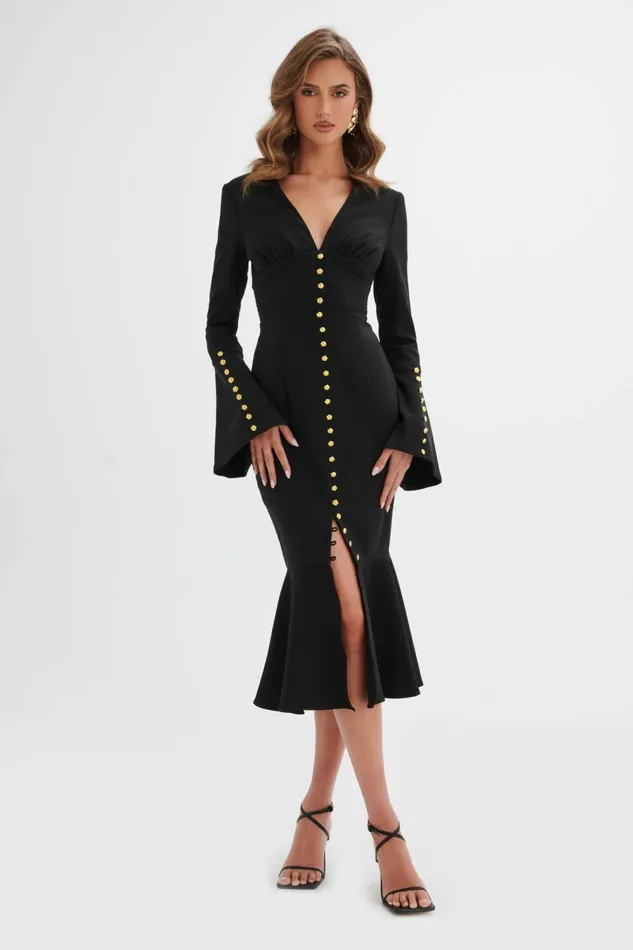 Women LongSleeve Dresses Lavish Alice SALMA Fluted Sleeve Rose Button Midi Dress In Black Black