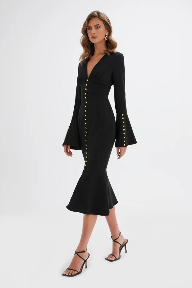 Women LongSleeve Dresses Lavish Alice SALMA Fluted Sleeve Rose Button Midi Dress In Black Black