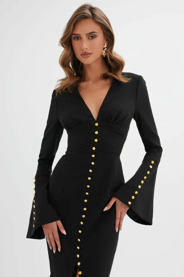 Women LongSleeve Dresses Lavish Alice SALMA Fluted Sleeve Rose Button Midi Dress In Black Black