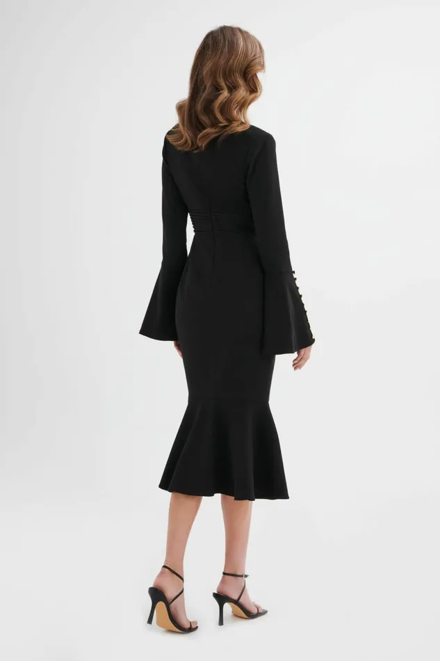 Women LongSleeve Dresses Lavish Alice SALMA Fluted Sleeve Rose Button Midi Dress In Black Black