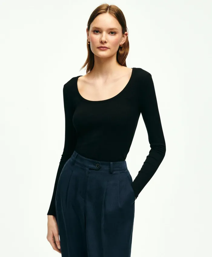Women Long Sleeve Jersey Ribbed Scoop Neck Top Black Brooks Brothers Blouses and Shirts