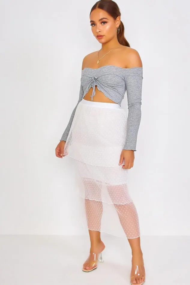 Women Long White Tulle Skirt With Polka Dot Print White Brentiny Paris Skirts