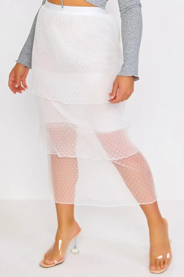 Women Long White Tulle Skirt With Polka Dot Print White Brentiny Paris Skirts