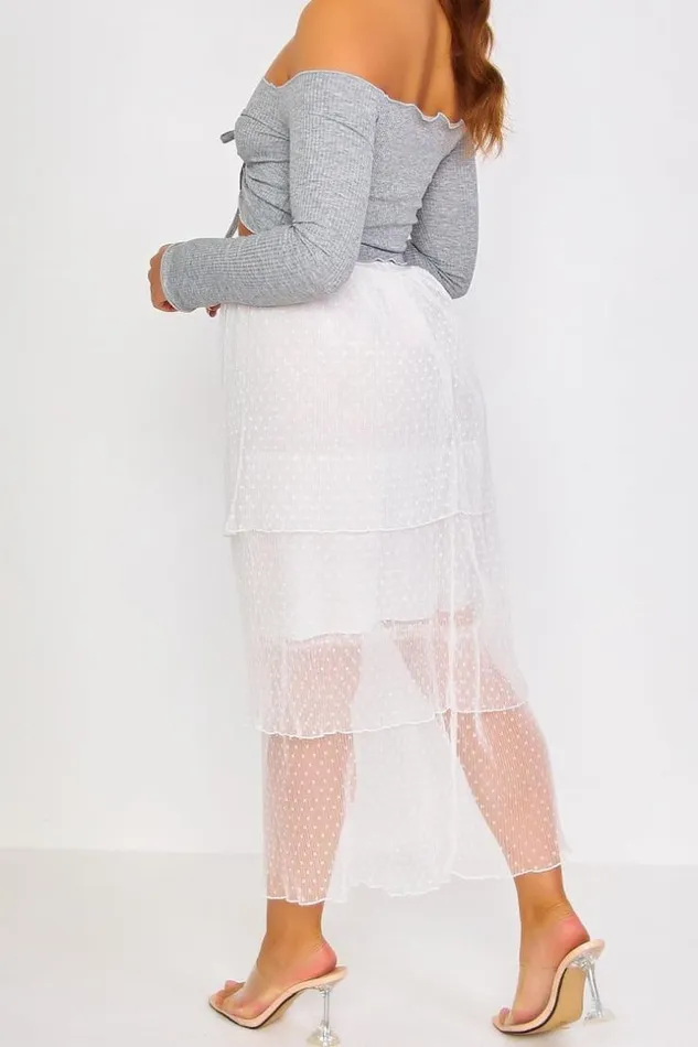 Women Long White Tulle Skirt With Polka Dot Print White Brentiny Paris Skirts