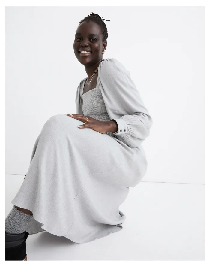 Women Lucie Long Sleeve Smocked Midi Dress In Wool Gauze Heathered Grey Madewell Dresses Women Lucie Long Sleeve Smocked Midi Dress In Wool Gauze Heathered Grey Madewell Dresses