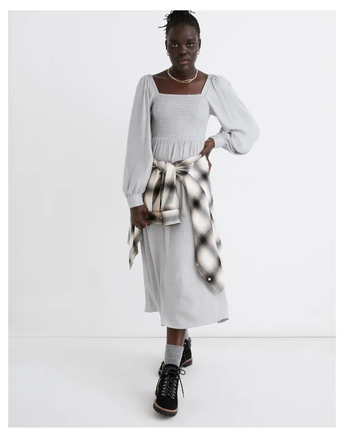 Women Lucie Long Sleeve Smocked Midi Dress In Wool Gauze Heathered Grey Madewell Dresses Women Lucie Long Sleeve Smocked Midi Dress In Wool Gauze Heathered Grey Madewell Dresses