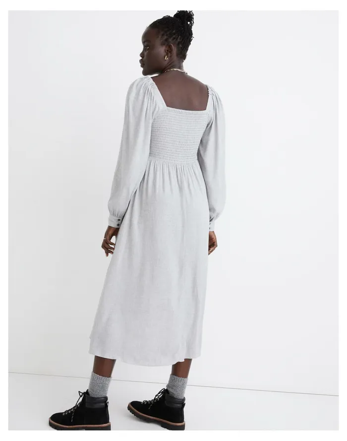 Women Lucie Long Sleeve Smocked Midi Dress In Wool Gauze Heathered Grey Madewell Dresses Women Lucie Long Sleeve Smocked Midi Dress In Wool Gauze Heathered Grey Madewell Dresses
