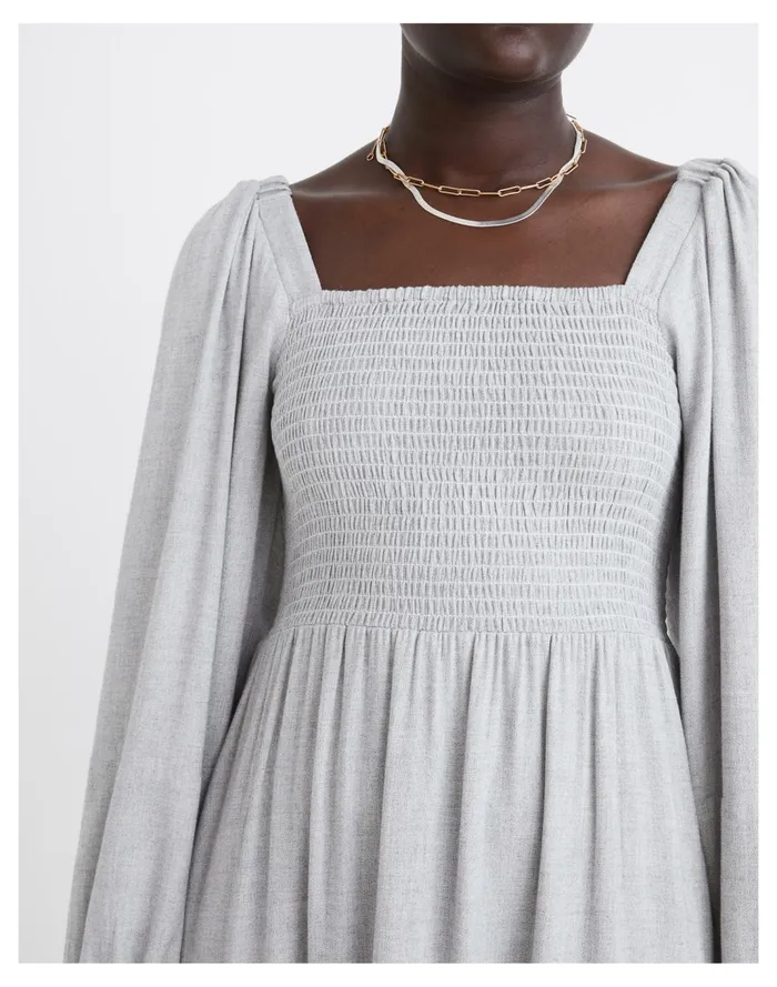 Women Lucie Long Sleeve Smocked Midi Dress In Wool Gauze Heathered Grey Madewell Dresses Women Lucie Long Sleeve Smocked Midi Dress In Wool Gauze Heathered Grey Madewell Dresses