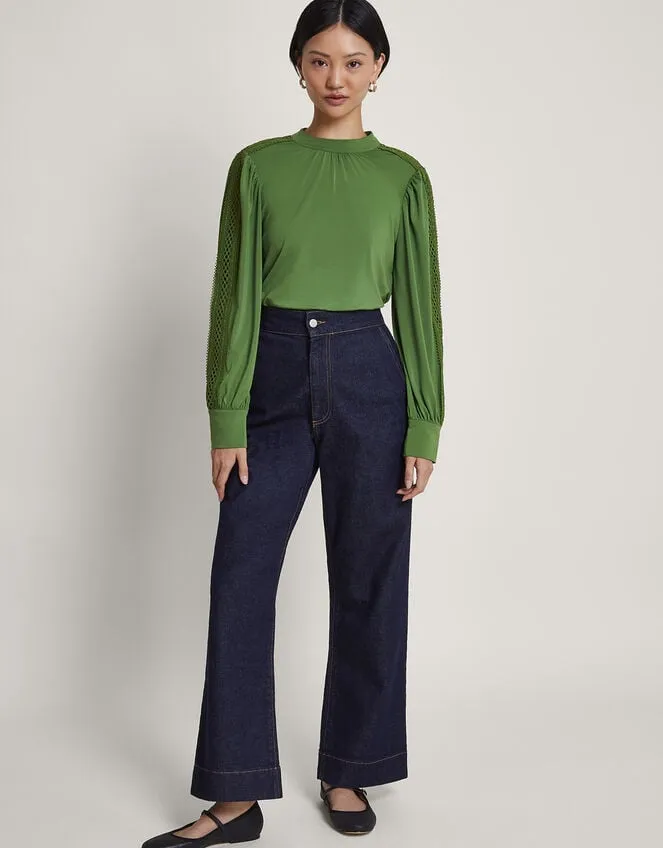 Women Lulu Cutwork Trim Top Green Monsoon Tops and Blouses