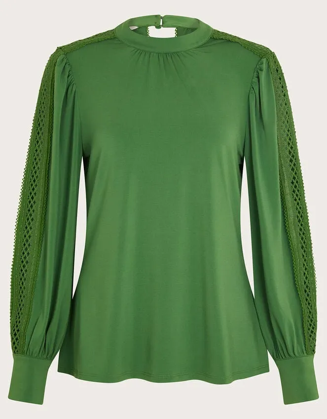 Women Lulu Cutwork Trim Top Green Monsoon Tops and Blouses