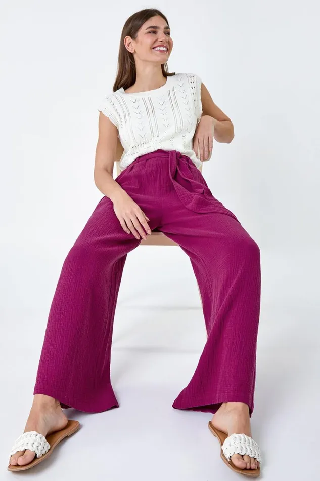 Women Magenta Textured Cotton Wide Leg Trousers Roman Trousers