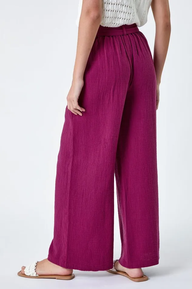 Women Magenta Textured Cotton Wide Leg Trousers Roman Trousers