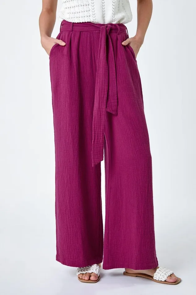 Women Magenta Textured Cotton Wide Leg Trousers Roman Trousers