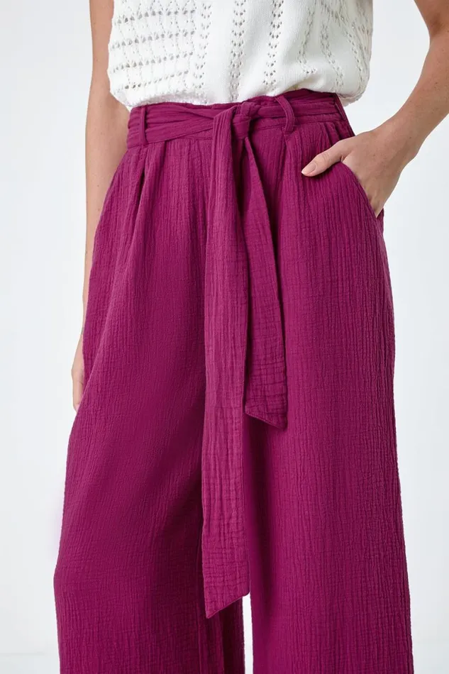 Women Magenta Textured Cotton Wide Leg Trousers Roman Trousers