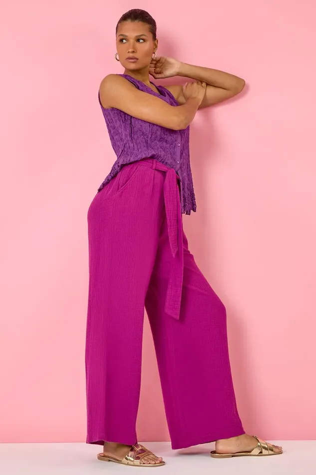 Women Magenta Textured Cotton Wide Leg Trousers Roman Trousers
