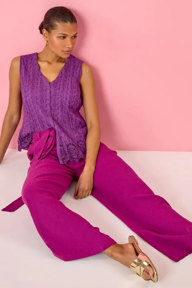 Women Magenta Textured Cotton Wide Leg Trousers Roman Trousers