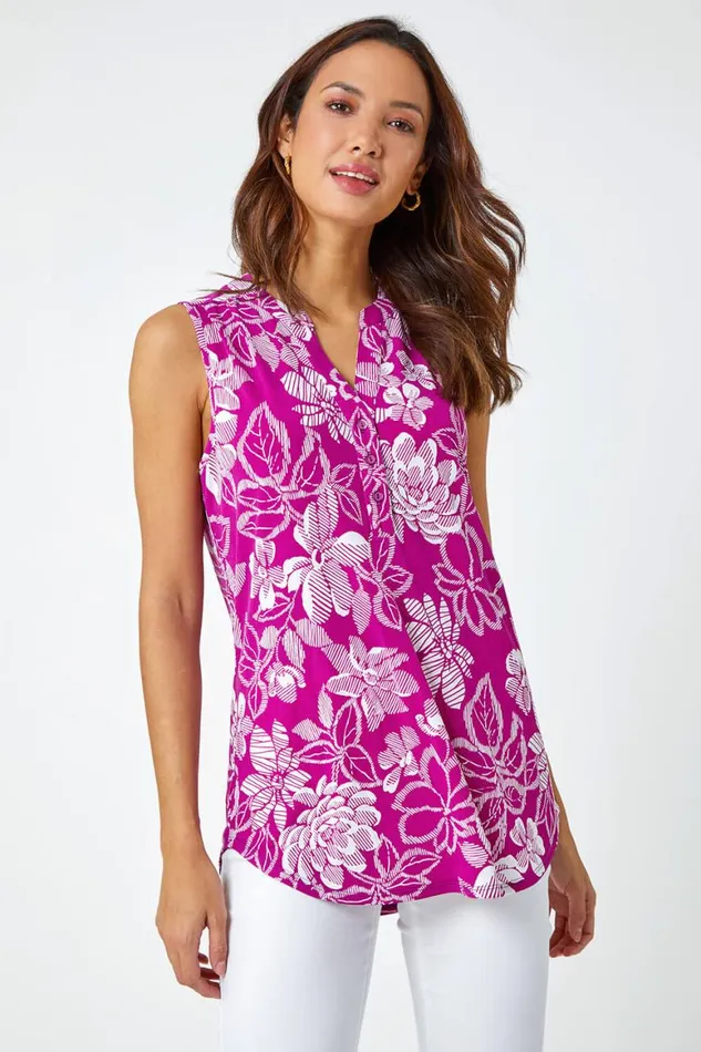 Women Magenta Textured Floral Print Sleeveless Top Roman Tops