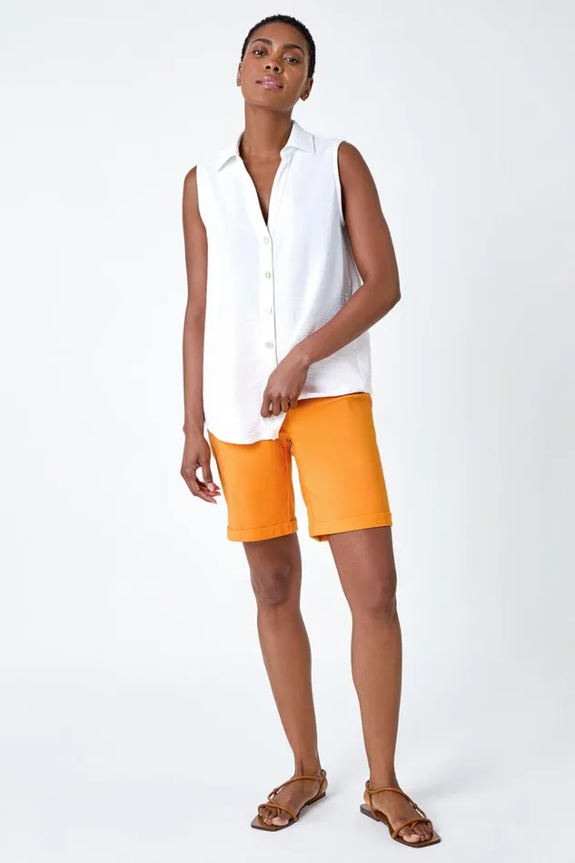 Women Mango Elastic Waist Turn Up Stretch Shorts Roman Trousers