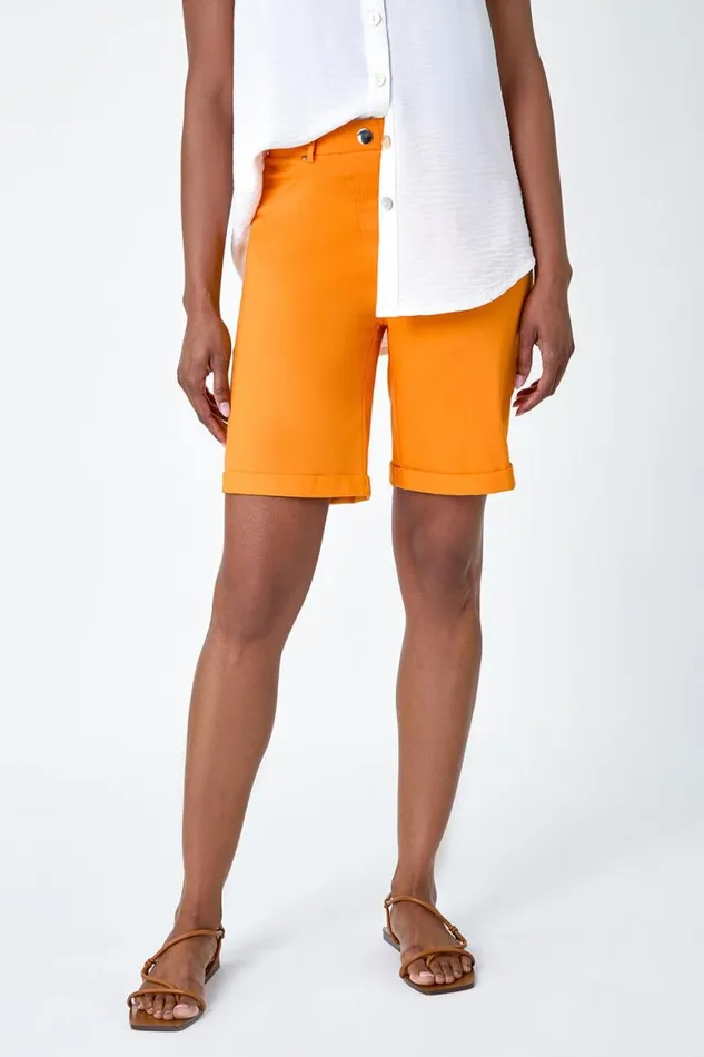 Women Mango Elastic Waist Turn Up Stretch Shorts Roman Trousers