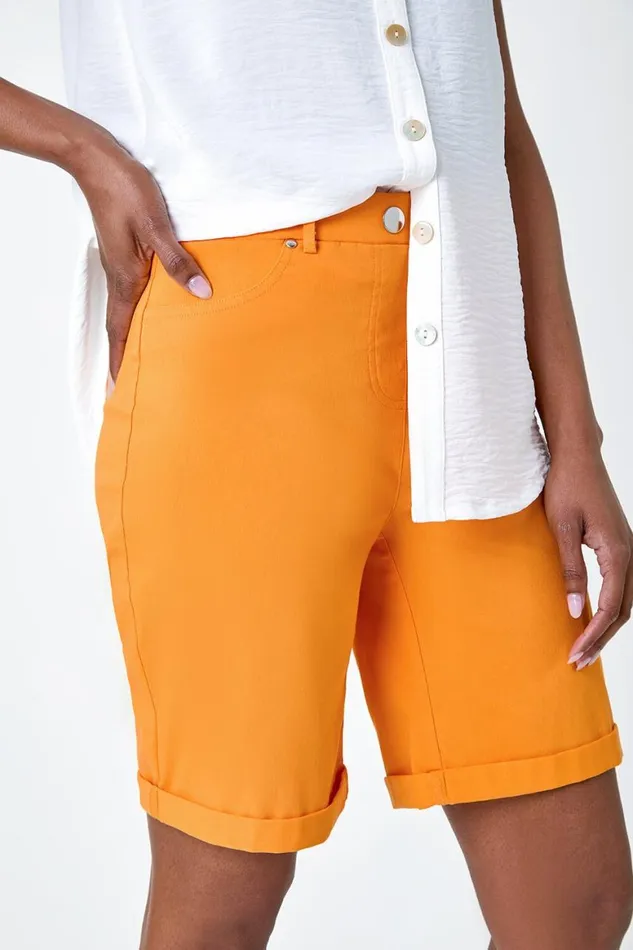 Women Mango Elastic Waist Turn Up Stretch Shorts Roman Trousers