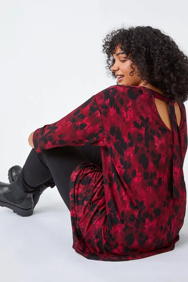 Women Maroon Curve Tie Back Tunic Stretch Top Roman Tops