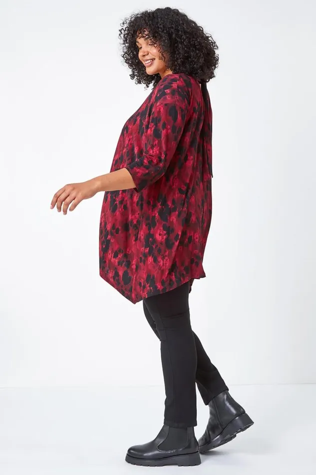 Women Maroon Curve Tie Back Tunic Stretch Top Roman Tops