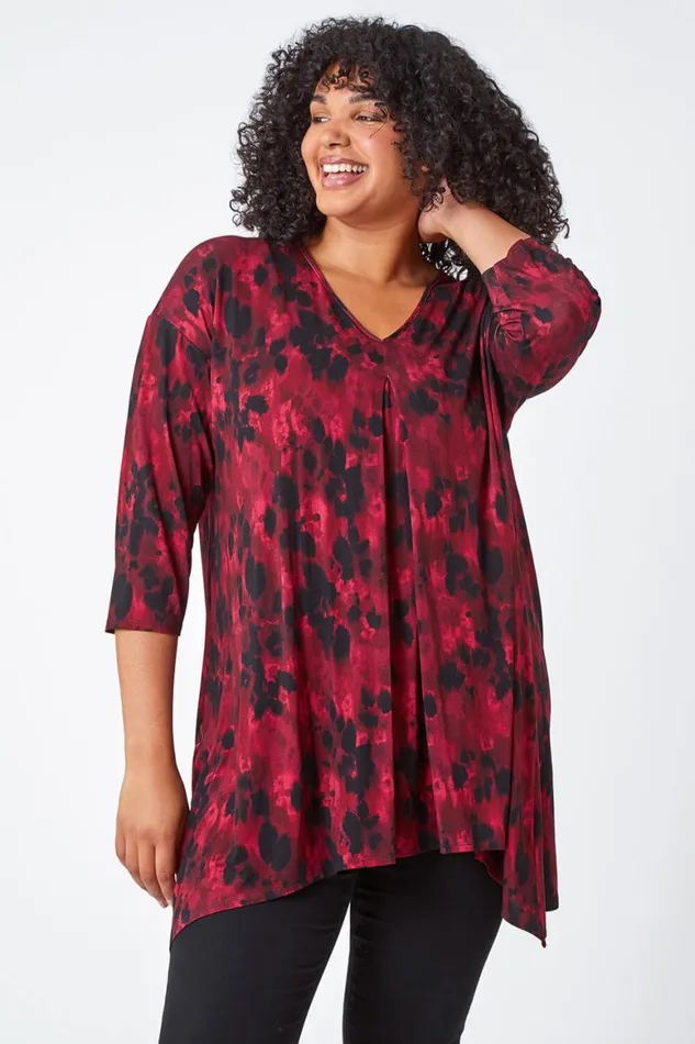 Women Maroon Curve Tie Back Tunic Stretch Top Roman Tops