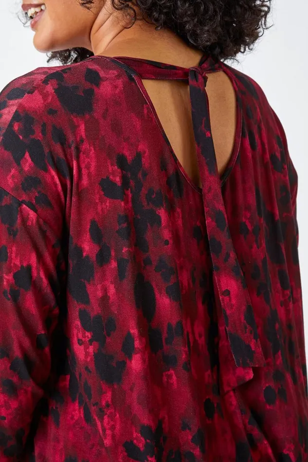 Women Maroon Curve Tie Back Tunic Stretch Top Roman Tops
