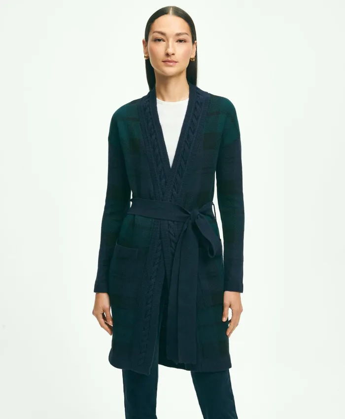Women Merino Wool Black Watch Cardigan Green Multi Brooks Brothers Sweaters
