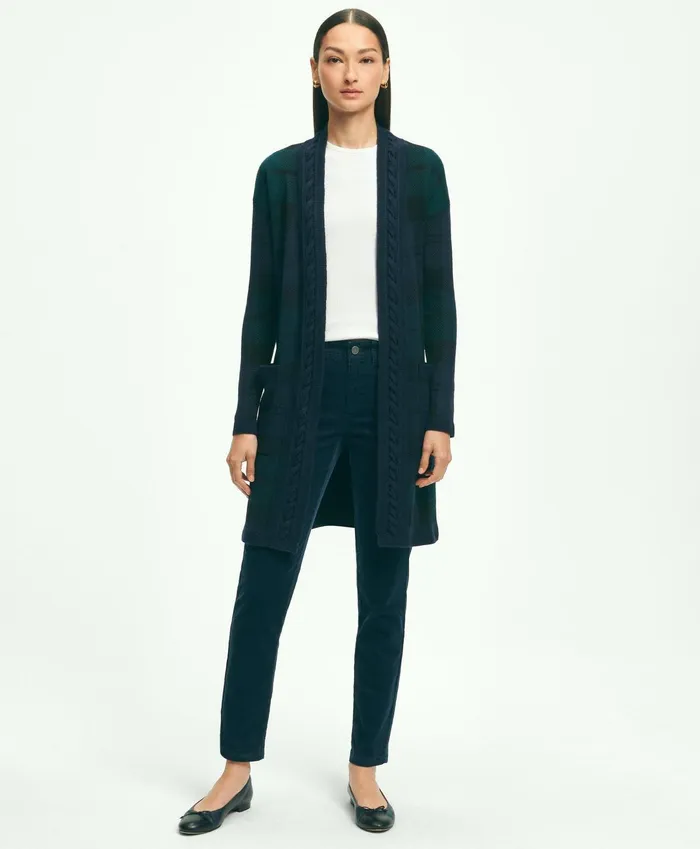 Women Merino Wool Black Watch Cardigan Green Multi Brooks Brothers Sweaters