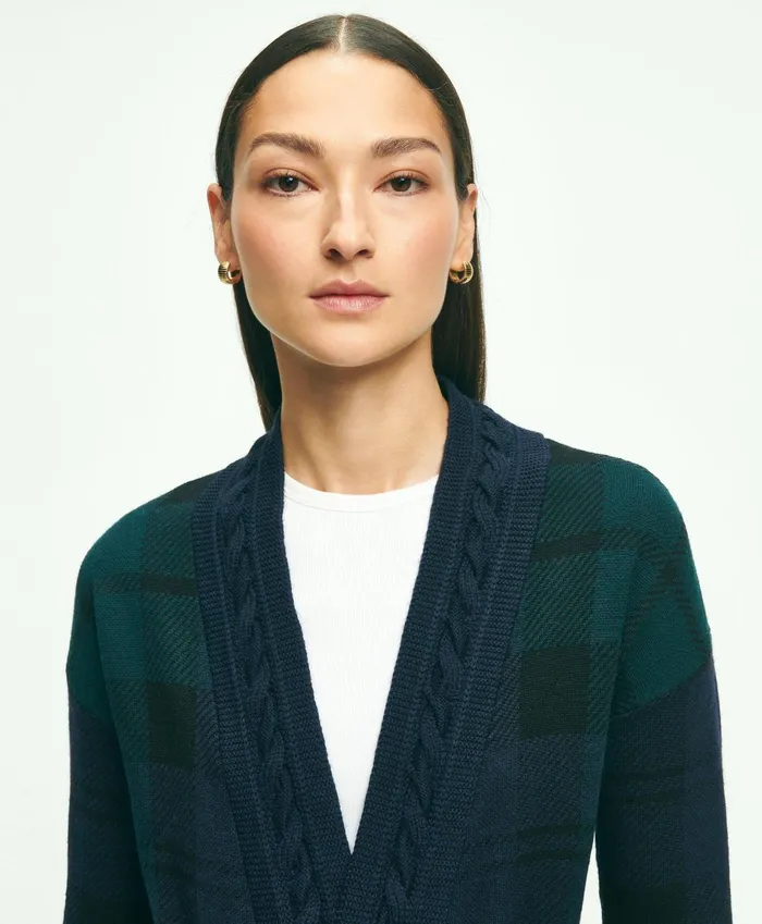 Women Merino Wool Black Watch Cardigan Green Multi Brooks Brothers Sweaters