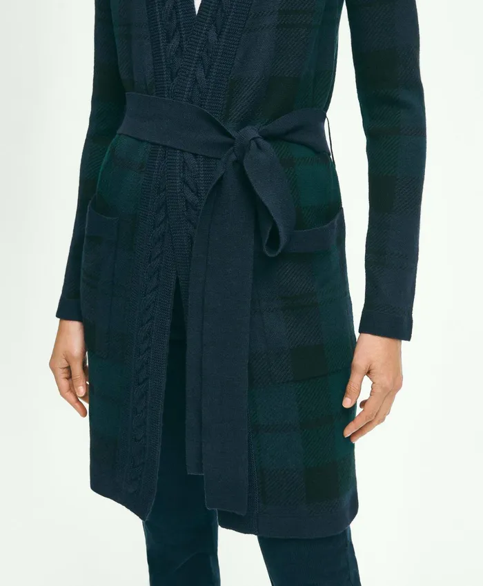 Women Merino Wool Black Watch Cardigan Green Multi Brooks Brothers Sweaters