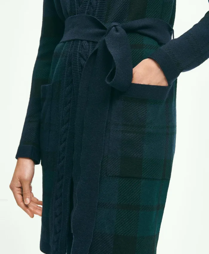 Women Merino Wool Black Watch Cardigan Green Multi Brooks Brothers Sweaters