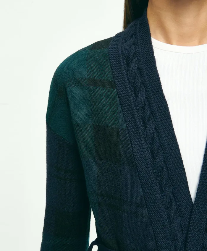 Women Merino Wool Black Watch Cardigan Green Multi Brooks Brothers Sweaters