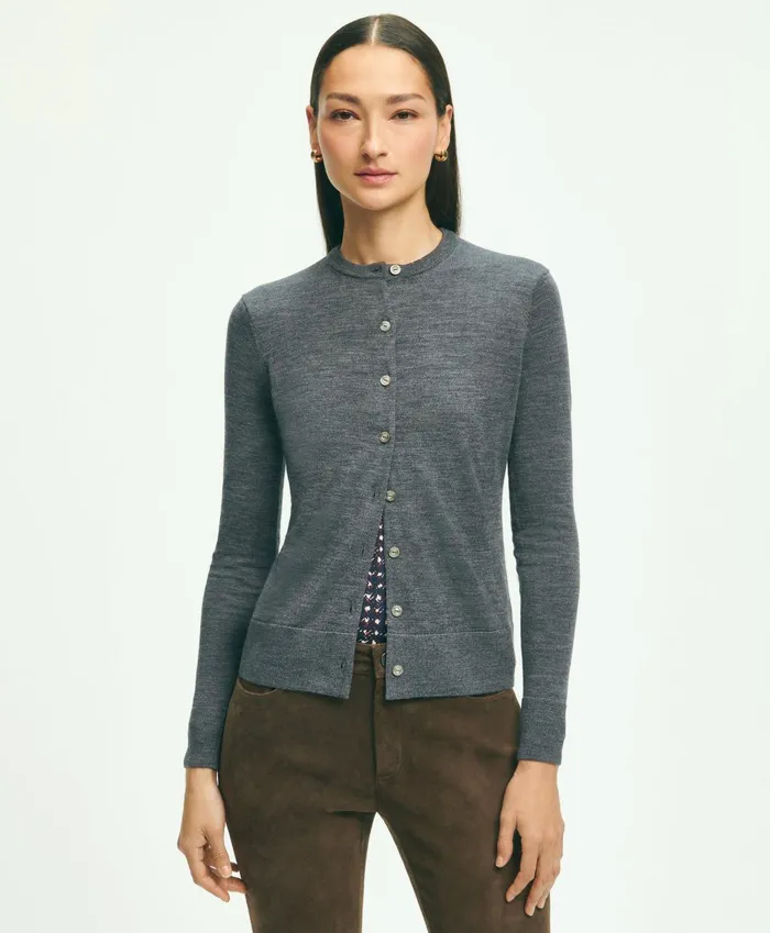 Women Merino Wool Cardigan Grey Heather Brooks Brothers Sweaters